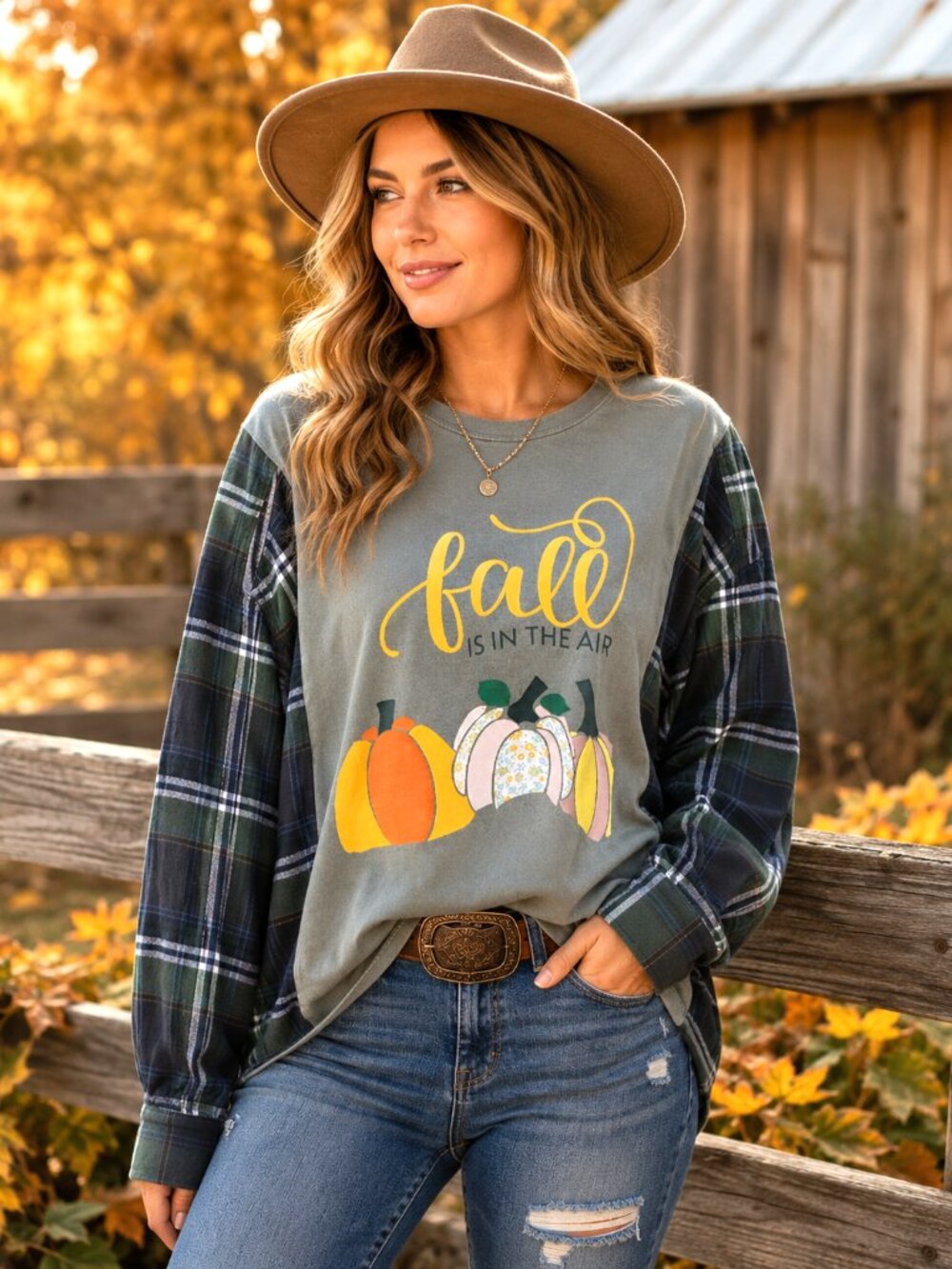 Upcycled Autumn Flannel Shirt Reworked Oversized Pumpkins Graphic Plus Size